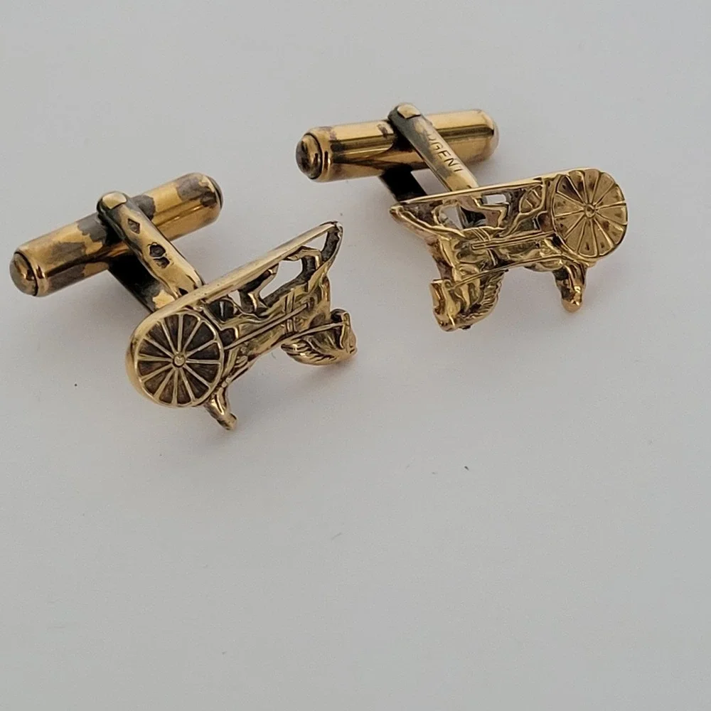 Celine Paris Vintage Horse Carriage Cufflinks Gold Tone Sterling Silver Argent